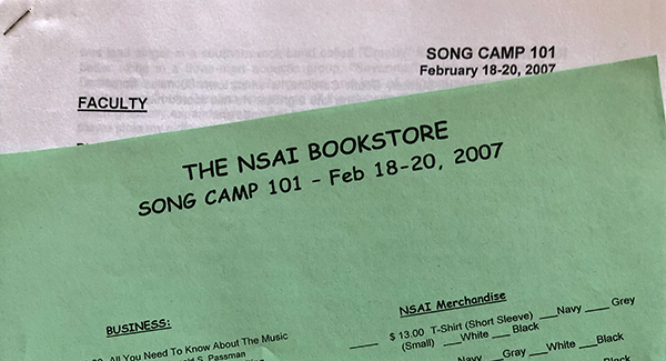 Picture of information about the 2007 NSAI Song Camp 101.