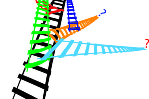 Multicolored drawing of tangled train tracks going to unknown destinations.