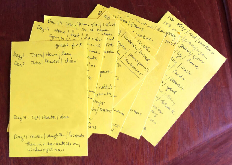 Photo of notecards containing lists of things for the Gratitude post.