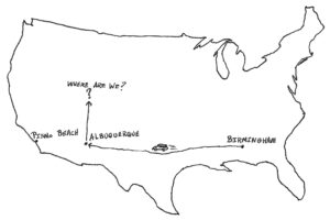 Outline of the United States with a couple of cities marked.