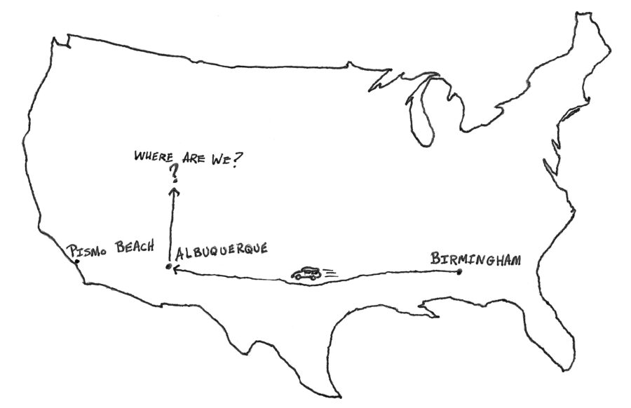 Outline of the United States with a couple of cities marked.