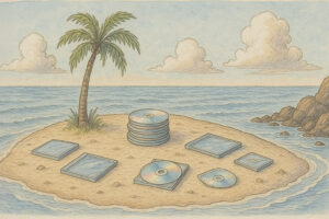 drawing of desert island with CDs and CD cases in the sand.