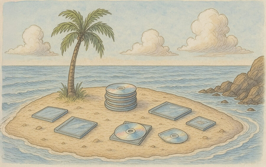 drawing of desert island with CDs and CD cases in the sand.