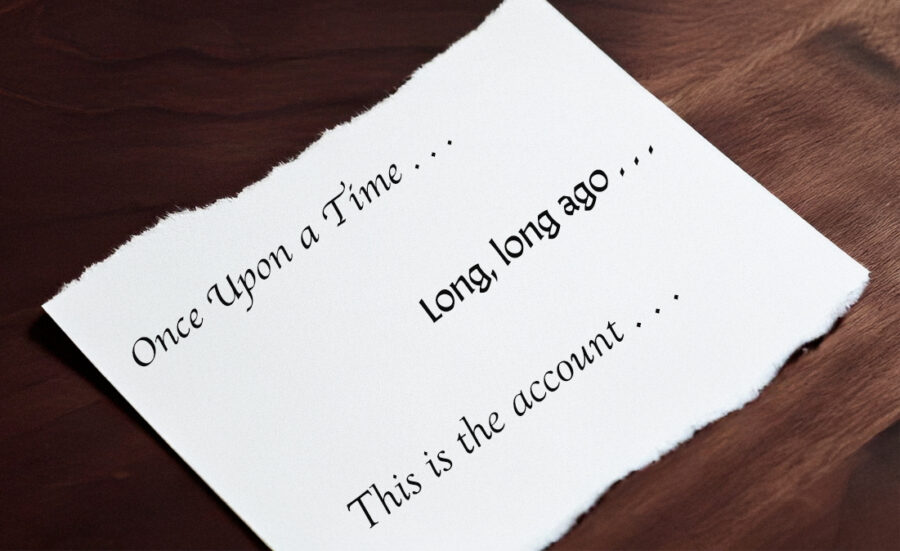 photo of a piece of paper with standard opening sentences from tales from around the world.