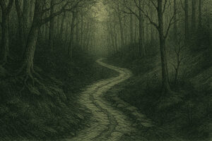 AI generated image of a perilous path through the woods.