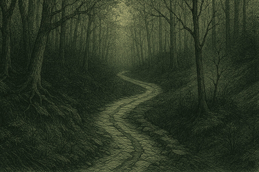 AI generated image of a perilous path through the woods.